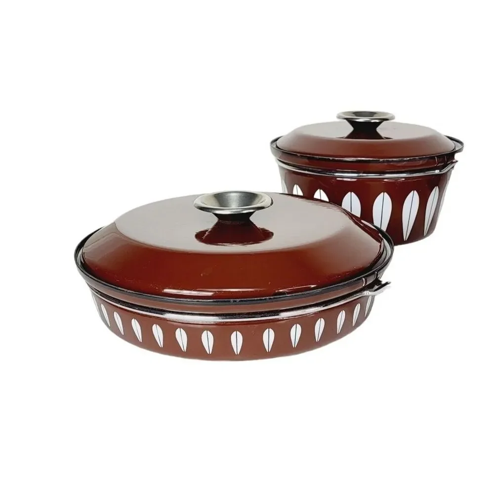 Vintage MCM Catherine Holm of Norway Brown Lotus Enamelware Pot & Pan 7 Pc Set